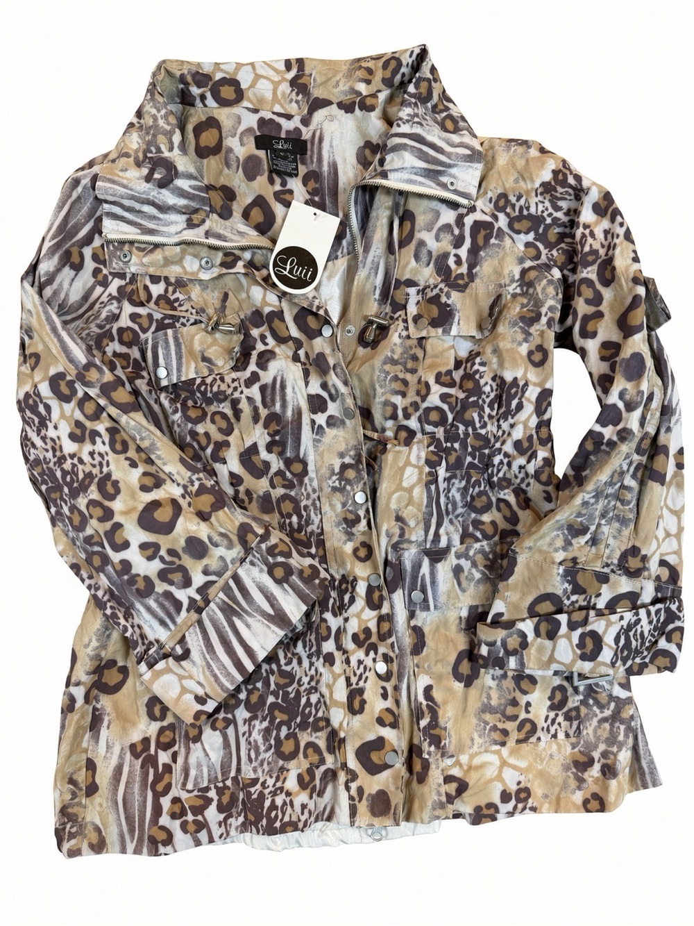 NWT Luii Mixed Animal Print Leopard Safari Utility Drawstring Anorak Jacket L
